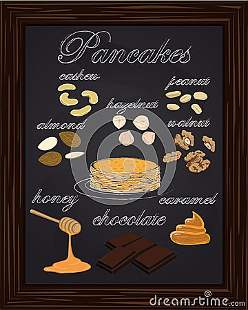Pancake menu with walnuts, almonds cashews peanuts hazelnuts Vector Illustration