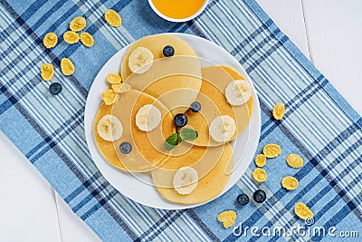 Pancake Plate Blueberry Honey Dessert Flat Lay Stock Photo