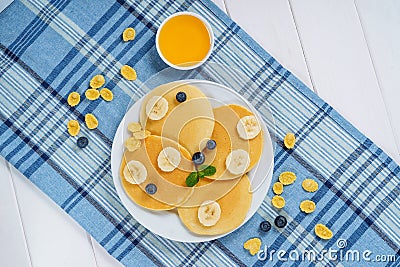 Pancake Plate Blueberry Honey Dessert Top View Stock Photo