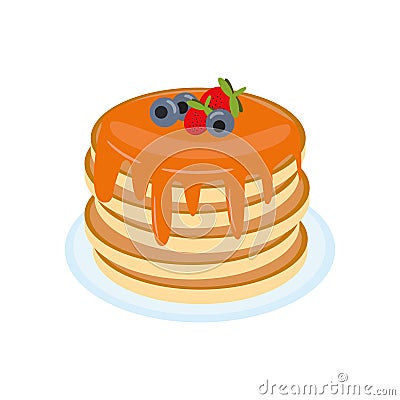 Pancake with strawberries and blueberries, maple syrup, honey on a plate in flat style, single element for design. food, american Stock Photo