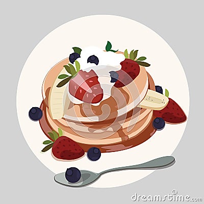 Pancake with Strawberry, Blueberry, and Maple Syrup Vector Illustration