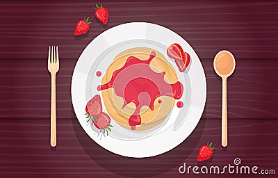 Pancake Strawberry Jam Syrup Food Photography Tasty Menu on Table Vector Illustration