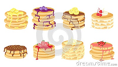 Pancake with toppings. Stack pancakes with chocolate, honey, butter and fresh berries. Cute cartoon sweet home breakfast Vector Illustration