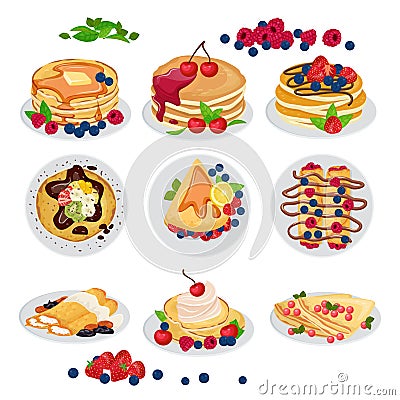 Pancake vector breakfast sweet homemade food dessert and delicious caked snack with syrop honey on plate illustration Vector Illustration