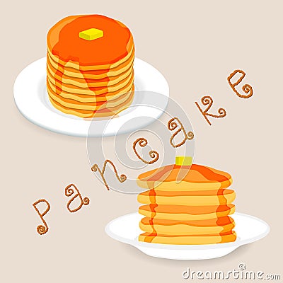 Pancakes with berries, honey, piece of butter Vector Illustration