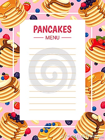 Pancakes with butter, honey, chocolate, berries menu frame. Cafe template, layout. Vector Illustration