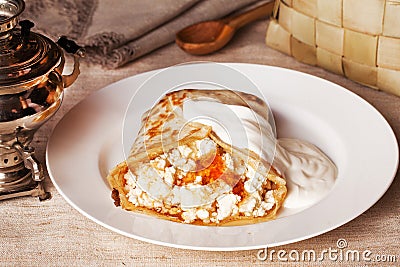 Pancakes with cottage cheese and sour cream honey food Stock Photo