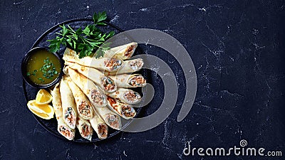 Pancakes with cream cheese and salmon, copy space Stock Photo