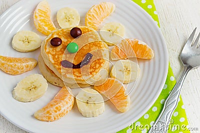 Pancakes with fruit and jam for the children. Breakfast concept Stock Photo