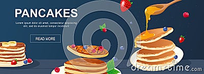 Pancakes horizontal web banner. Sweet pancakes with honey or syrup, bananas and berries for breakfast or delicious cafe menu. Vector Illustration