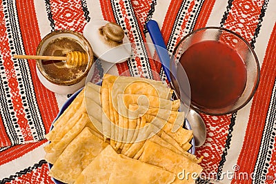 Pancakes, jam and honey Stock Photo