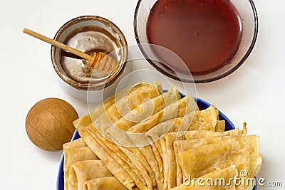 Pancakes, jam and honey Stock Photo