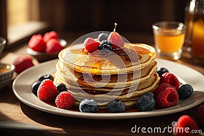 Pancakes with Maple Syrup and Fresh Fruits. American Breakfast Stock Photo