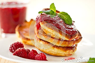 Pancakes with raspberries Stock Photo