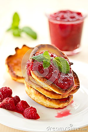 Pancakes with raspberries Stock Photo