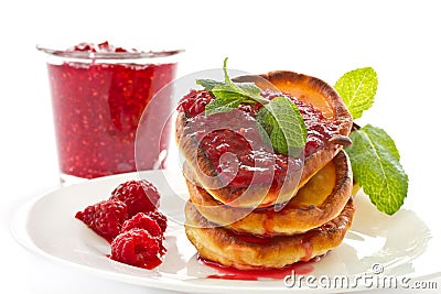 Pancakes with raspberries Stock Photo