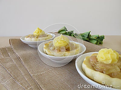 Pancakes with rhubarb and vanilla custard Stock Photo
