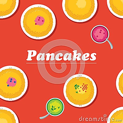 Pancakes.Russian cuisine. Template for menu with cooking utensi Vector Illustration