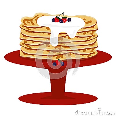 Pancakes with sour cream on a high stand with a thin leg Vector Illustration