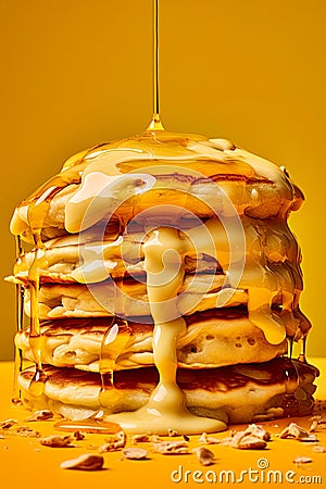 Pancakes stack with oozing white chocolate and honey. Generative Ai image Stock Photo