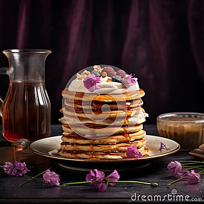 Delicious Pancakes On Plate With Coffee And Flowers Advertising Photo Stock Photo