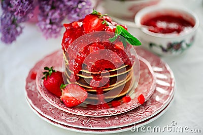 Pancakes with strawberry chia sauce Stock Photo