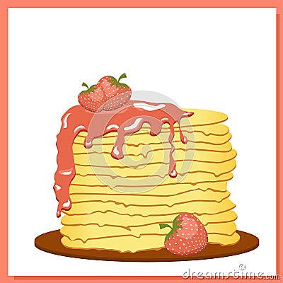 Pancakes. Strawberry jam. Maslenitsa week. Spring festival meeting. Pancakes isolated on white background. Vector illustration Vector Illustration