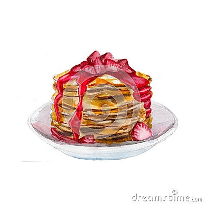 The pancakes with strawberry syrup isolated on white background, watercolor illustration Cartoon Illustration