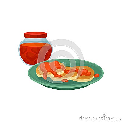 Pancakes with sweet topping and glass jar of strawberry jam. Food for breakfast. Delicious meal. Flat vector design Vector Illustration