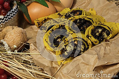 Pancakes, traditional Ukrainian slapjack with poppy seeds and walnuts Stock Photo
