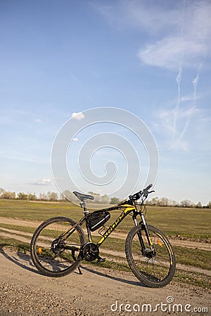 Pancevo, Serbia 13. april 2023 - Kross Mountain Bike with Shimano parts standing on a sunny day in the nature Editorial Stock Photo