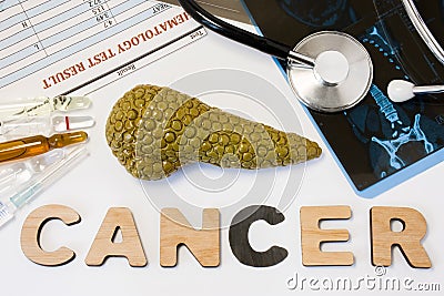 Pancreas cancer concept. Anatomical shape of pancreas lies near letters composing word cancer surrounded by set of tests, analysis Stock Photo