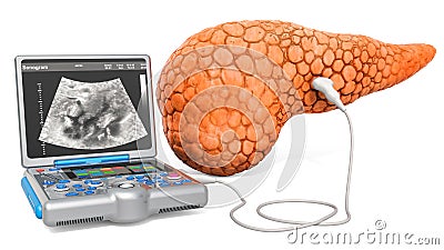 Pancreatic ultrasound concept. Human pancreas with medical ultrasound diagnostic machine, 3D rendering Stock Photo