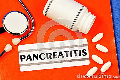 Pancreatitis-inscription of the diagnosis text in the medical folder. Inflammation of the pancreas, diagnosis by a doctor. Stock Photo