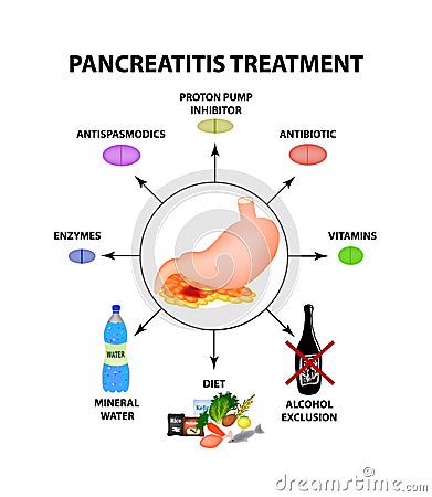 Pancreatitis treatment. The structure of the stomach and pancreas. Infographics. Vector illustration on isolated Vector Illustration