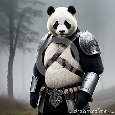 Panda in armor. Generative AI Stock Photo