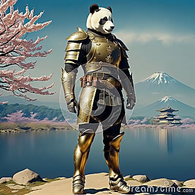 Panda in armor. Generative AI Stock Photo