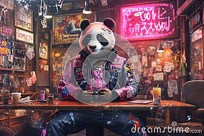 panda pink gangster in neon bar illustration generative ai Cartoon Illustration