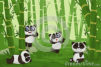 Panda in bamboo garden. Cartoon happy zoo bear character in green forest. Funny Chinese animal mascot with cute emotion Vector Illustration