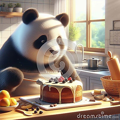 A panda bear baking a cake in a sunny kitchen, digital art Stock Photo