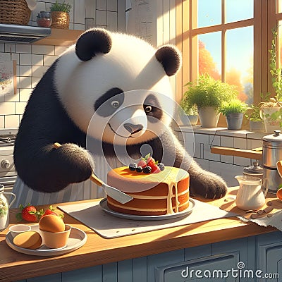 Panda bear baking a sunny kitchen Generative ai for illustrations Cartoon Illustration