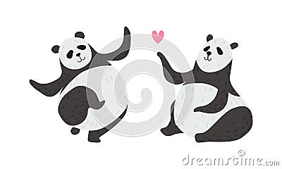 Panda Bear with Black-and-white Coat and Rotund Body Dancing and Sending Heart Vector Set Vector Illustration