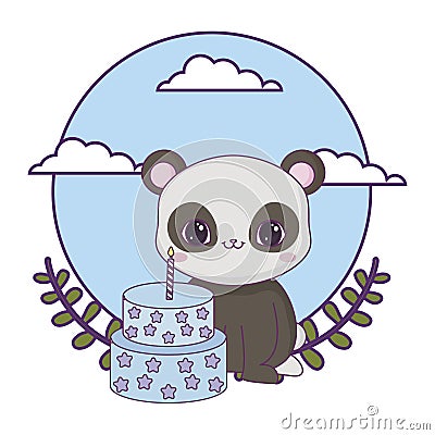 panda bear with cake birthday with crown leafs Cartoon Illustration