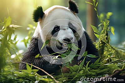 A panda bear is eating some leaves in the grass. Giant panda eating bamboo. panda bear with bamboo Stock Photo