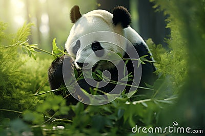 A panda bear is eating some leaves in the grass. Giant panda eating bamboo. Panda Bear Resting Stock Photo