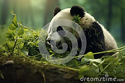 A panda bear is eating some leaves in the grass. Giant panda eating bamboo. Panda Bear Resting Stock Photo