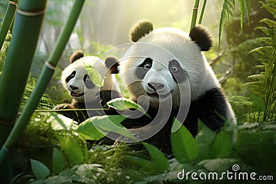Panda bear family enjoying bamboo feast in the bamboo forest, showcasing the adorable black and white mammal in its natural Stock Photo