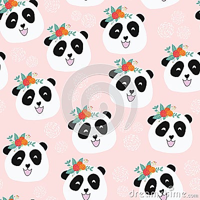 Panda bear with flowers seamless vector pattern Vector Illustration