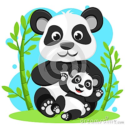 Panda bear with little panda sitting near the bamboo Stock Photo