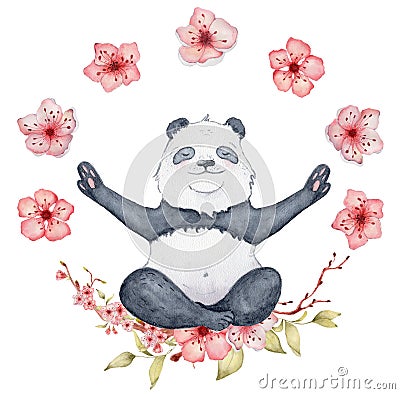 Panda bear sitting in lotus position with sakura wreath, Cute yoga animal illustration Cartoon Illustration